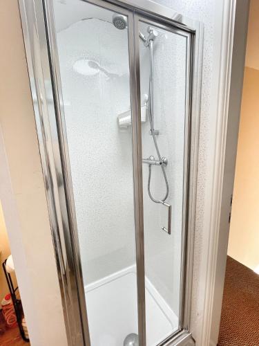 a shower with a glass door in a bathroom at No1 Glan Nodwydd in Pentraeth