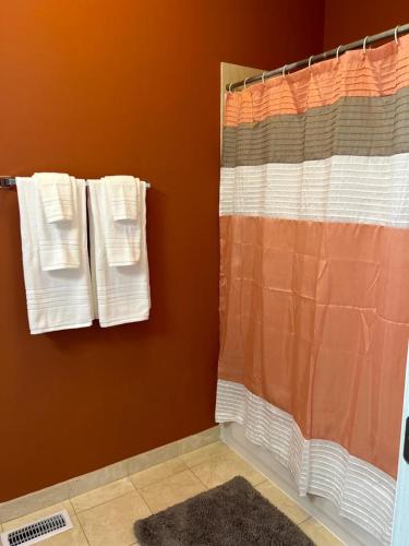 a bathroom with a shower curtain and two towels at Gorgeous North Kenwood Hyde Park Unit in Chicago
