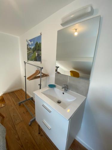 une salle de bain avec un lavabo et un miroir dans l'établissement La petite amiénoise au calme, stationnement gratuit, à Amiens