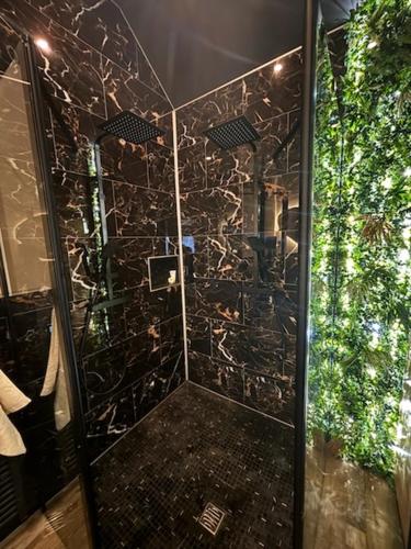 La salle de bains est pourvue d'une douche et d'un mur en pierre. dans l'établissement Jardin Secret, à Groffliers