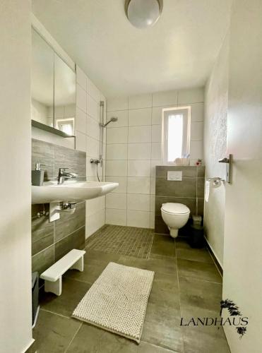 a bathroom with a sink and a toilet at FeWo Büdingen - Landhaus in Büdingen