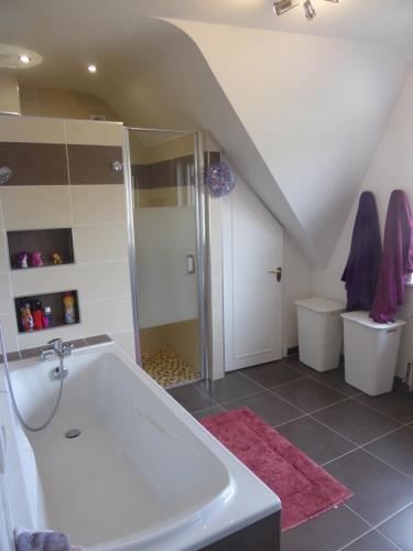 une salle de bain avec baignoire et toilettes dans l'établissement Très grande maison lumineuse, à Boulogne-sur-Mer