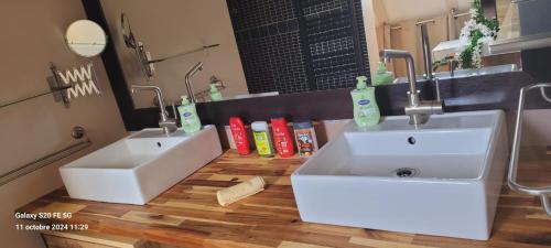 La salle de bains est pourvue de 2 lavabos blancs et de parquet. dans l'établissement La Demeure Trousseau - Hypercentre historique au calme, à Bourges