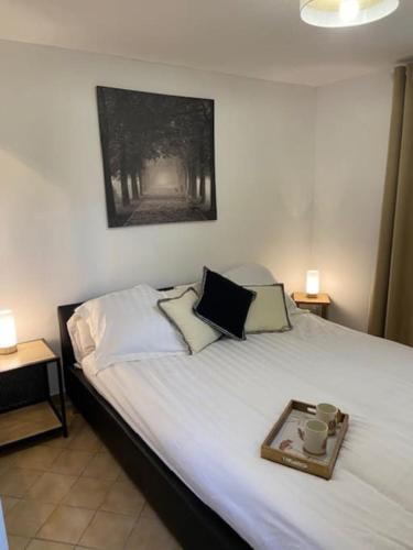 une chambre avec un lit avec un plateau dessus dans l'établissement Évasion en Provence Bas de Villa avec Jardin & Vignes, Soleil & Fraîcheur, aux Pennes-Mirabeau