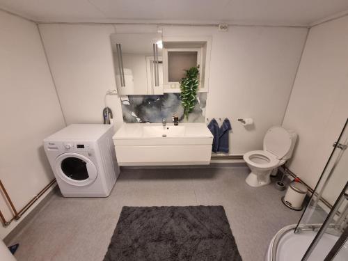 a bathroom with a sink and a washing machine at Small cozy 3 bed appartment in Tromsø