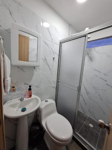 a bathroom with a toilet and a sink and a shower at Apartahotel- Alojamiento Familiar- Apartamentos Privados Kira in Buenavista