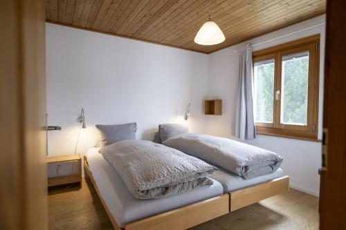 a bedroom with two beds and a window at Chasa Arquint in Sent