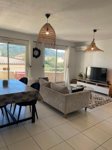 un salon avec un canapé et une table dans l'établissement Appartement T3 climatisé,balcon, classé 3 étoiles, au Boulou