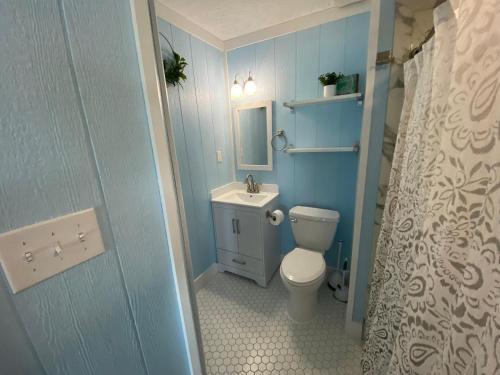 a blue bathroom with a toilet and a sink at KD1401B- After Dune Delight in Kill Devil Hills