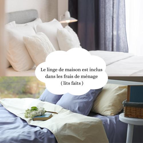 - un lit avec des oreillers blancs et un plateau de brocolis dans l'établissement Apparts hôtels Concarneau, à Concarneau