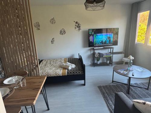 un salon avec un canapé et une télévision dans l'établissement Bienvenue chez vous, à Valognes