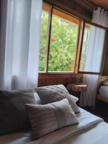 a bedroom with a bed with two windows at The Temple III, Mindo in Mindo