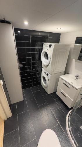 a bathroom with a toilet and a washing machine at Vassfjellet Home in Trondheim
