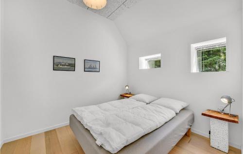 a white bedroom with a bed and two windows at Nice Home In Spjald With 6 Bedrooms in Videbæk