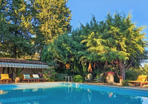 - une piscine dans une cour avec des chaises et des arbres dans l'établissement Domaine de Conillières, à Saint-Maximin-la-Sainte-Baume