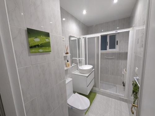 a white bathroom with a toilet and a shower at Aurrekoetxea 36 Vacation Rental Tala 10 in Bermeo