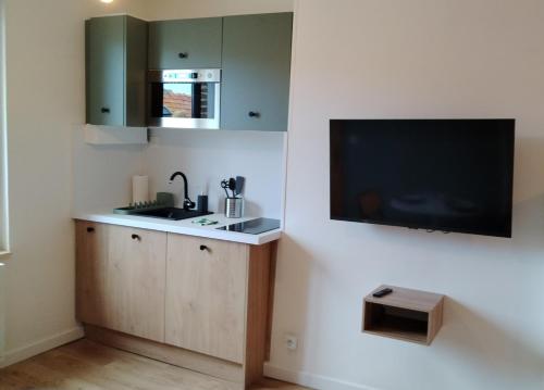 Il comprend une cuisine avec un évier et une télévision à écran plat. dans l'établissement L'Echappée Polletaise Central Typique Wifi, à Dieppe