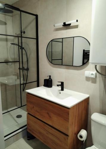 une salle de bain avec un lavabo et une douche dans l'établissement L'Echappée Polletaise Central Typique Wifi, à Dieppe