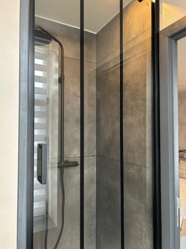 a shower with a glass door in a bathroom at Les petits nids de Nina 4 in Fosses-La-Ville