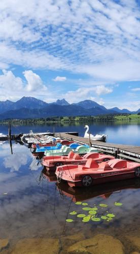 a group of boats are docked in the water at Ferienhaus Mayr - Ferienwohnung Bergblick in Füssen