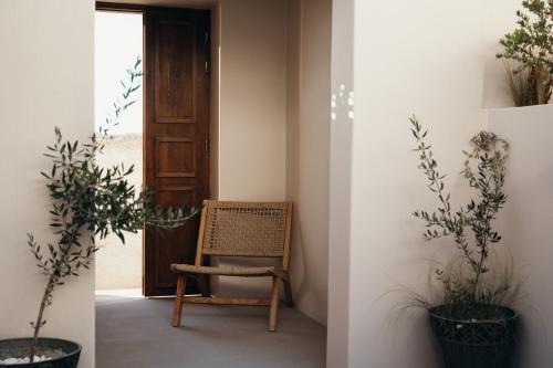 a room with a chair and potted plants at Aethra Vegan Caves in Pirgos