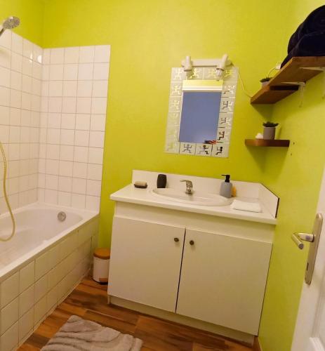 une salle de bain avec un lavabo, un miroir et une baignoire dans l'établissement Grand T2, RDC avec jardin, à Trets