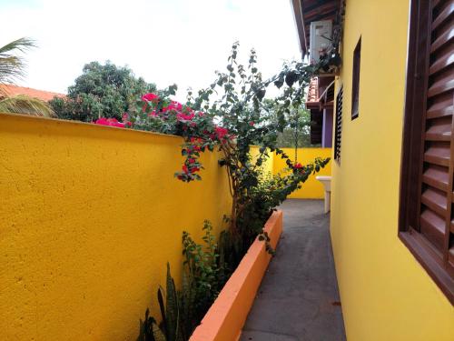 a yellow wall with flowers on the side of a building at Temporada Belas Casas in São Pedro