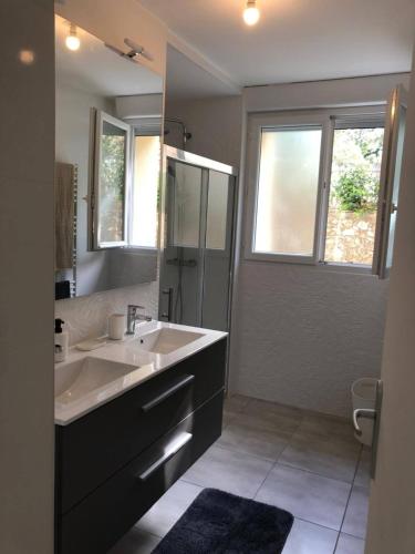 une salle de bain avec un lavabo et un grand miroir dans l'établissement Grand appartement spacieux - Aubenas, à Aubenas