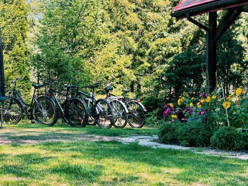a row of bikes parked next to a garden at CzillasOrle luksusowy dom nad samym brzegiem jeziora Orle koło Augustowa in Płaska