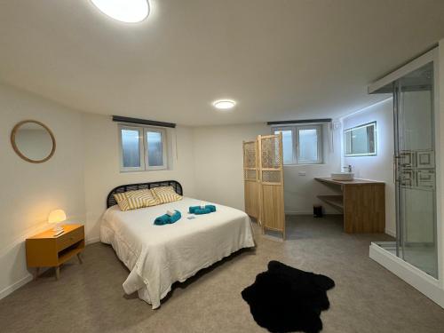 une chambre avec un lit, un lavabo et un miroir dans l'établissement Au Galop - Proche stade équestre, à Vichy