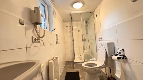 a bathroom with a toilet and a shower with a panda bear on it at Panda2 Charmante, Familien Ferienwohnung im Panda-Stil in Bad Hersfeld