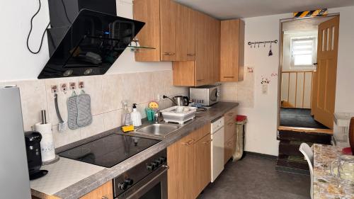 a small kitchen with a sink and a microwave at Panda2 Charmante, Familien Ferienwohnung im Panda-Stil in Bad Hersfeld