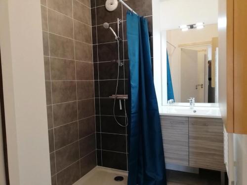 une salle de bain avec une douche avec un rideau de douche bleu dans l'établissement Résidence Lodges 1970 - Résidences LES LODGES 1970 N°B302 MAE-1521, à La Plagne Tarentaise