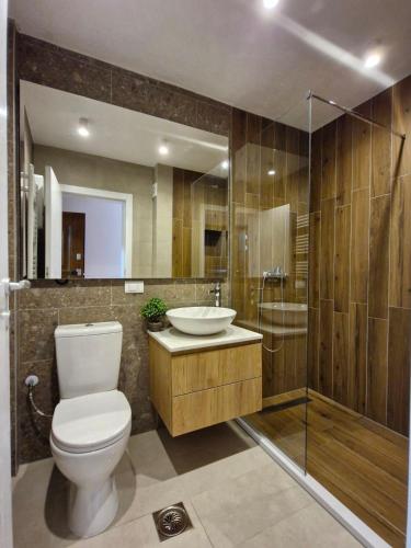 a bathroom with a toilet and a sink and a shower at Luxury Apartments Stefano - Premium in Ohrid
