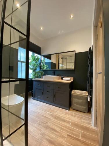 a bathroom with a toilet and a sink and a mirror at Stylish & Spacious Town Centre Duplex Apartment in Porthmadog
