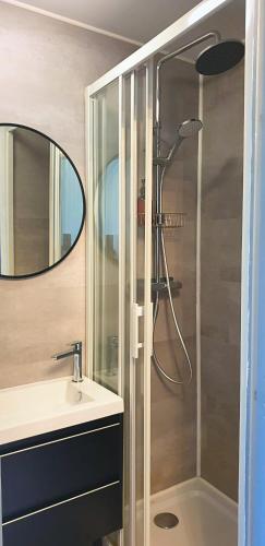 une salle de bain avec douche et lavabo dans l'établissement Le Petit Claux, à Figeac