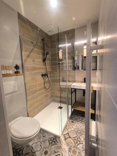une salle de bain avec une douche, des toilettes et un lavabo dans l'établissement A Karibu, à Saint-Médard-en-Jalles