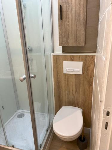 a small bathroom with a toilet and a shower at Paris Secret Spot - Loft Unique aux portes de Paris in Gentilly