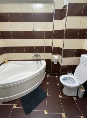 a bathroom with a bath tub and a toilet at MilitariResidence Luxury 54 in Roşu