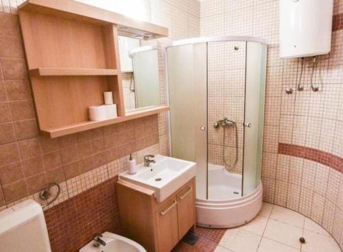 a bathroom with a sink and a shower and a toilet at Zimska bajka in Gornja Šišava