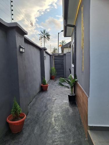a courtyard with potted plants on the side of a building at NPJ Luxury Serviced Apartments in Uyo