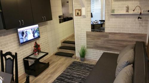 a living room with a couch and a tv on a wall at Apartment Patr&iacute;cia with garden in Budapest