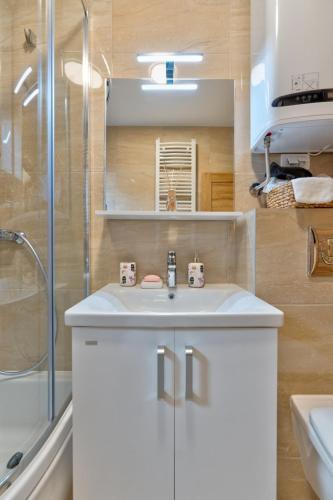a bathroom with a white sink and a shower at Apartman Andjela12 in Ocka Gora