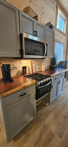 a kitchen with a stove and a microwave at Lot 7 Tiny Home on the River in Cosby