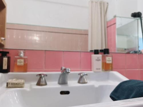 un lavabo de salle de bain avec deux robinets et un mur rose dans l'établissement Vaste appt baigné de lumière, à Paris