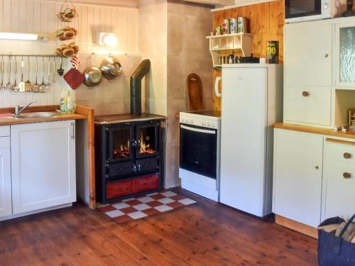 a kitchen with a stove and a oven in it at 7 person holiday home in VÅGLAND in Vågland