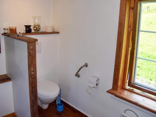 a bathroom with a toilet and a window at 7 person holiday home in VÅGLAND in Vågland