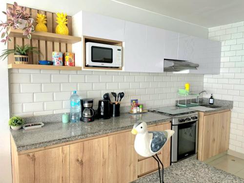 a kitchen with a stove and a bird sitting on a stool at Apartamento Playa Señoritas in Punta Hermosa