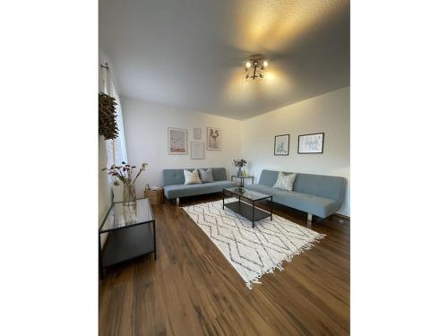 a living room with a blue couch and a rug at Moselschön 3 with terrace and garden in Brodenbach