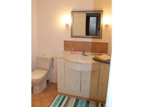 a bathroom with a sink and a toilet and a mirror at La Patouille Comfortable holiday residence in Aujac